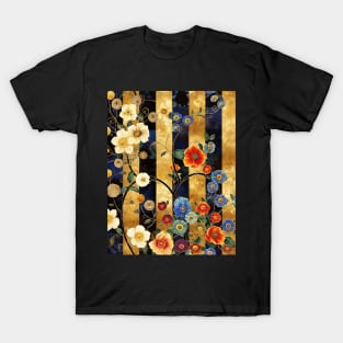 Rambling Flowers on Black and Gold Stripes T-Shirt